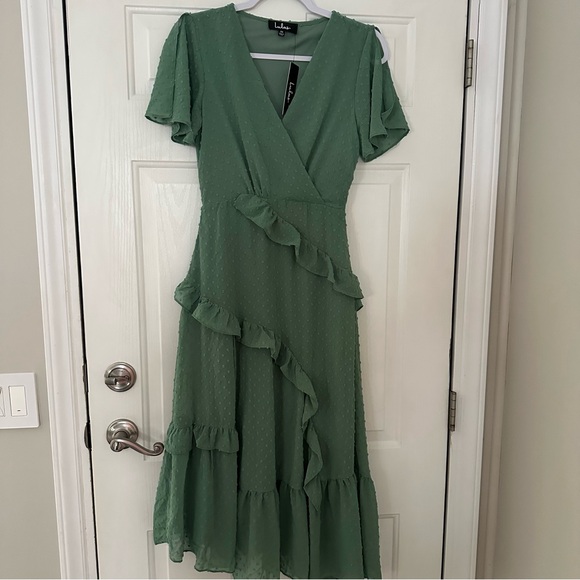Lulu’s Next to You Sage Green Swiss Dot Ruffled Midi Dress XS NWT - Picture 2 of 10